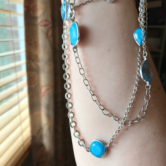 Long Length Silver Tone and Blue Stone Necklace - statement piece - Picture 5 of 7